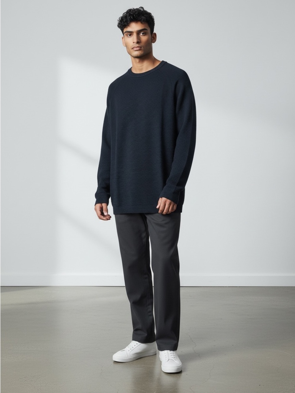 NWT ARKET Knit Cotton Crewneck Navy Blue Black Striped Pullover Men's Medium